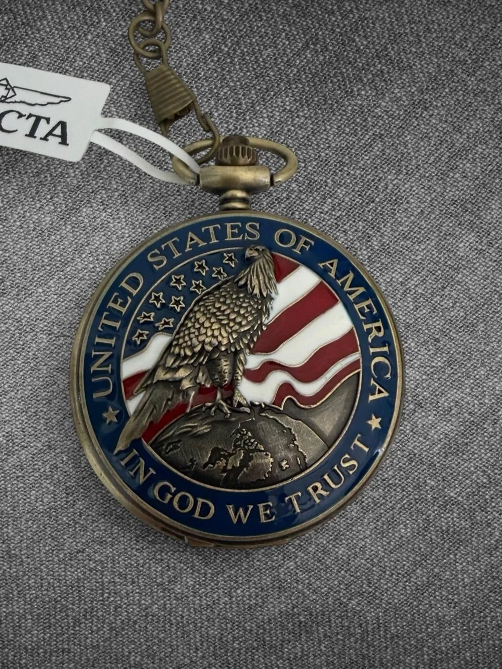 Invicta Patriotic Eagle American Flag Antique Gold Tone Pocket Watch With Chain
